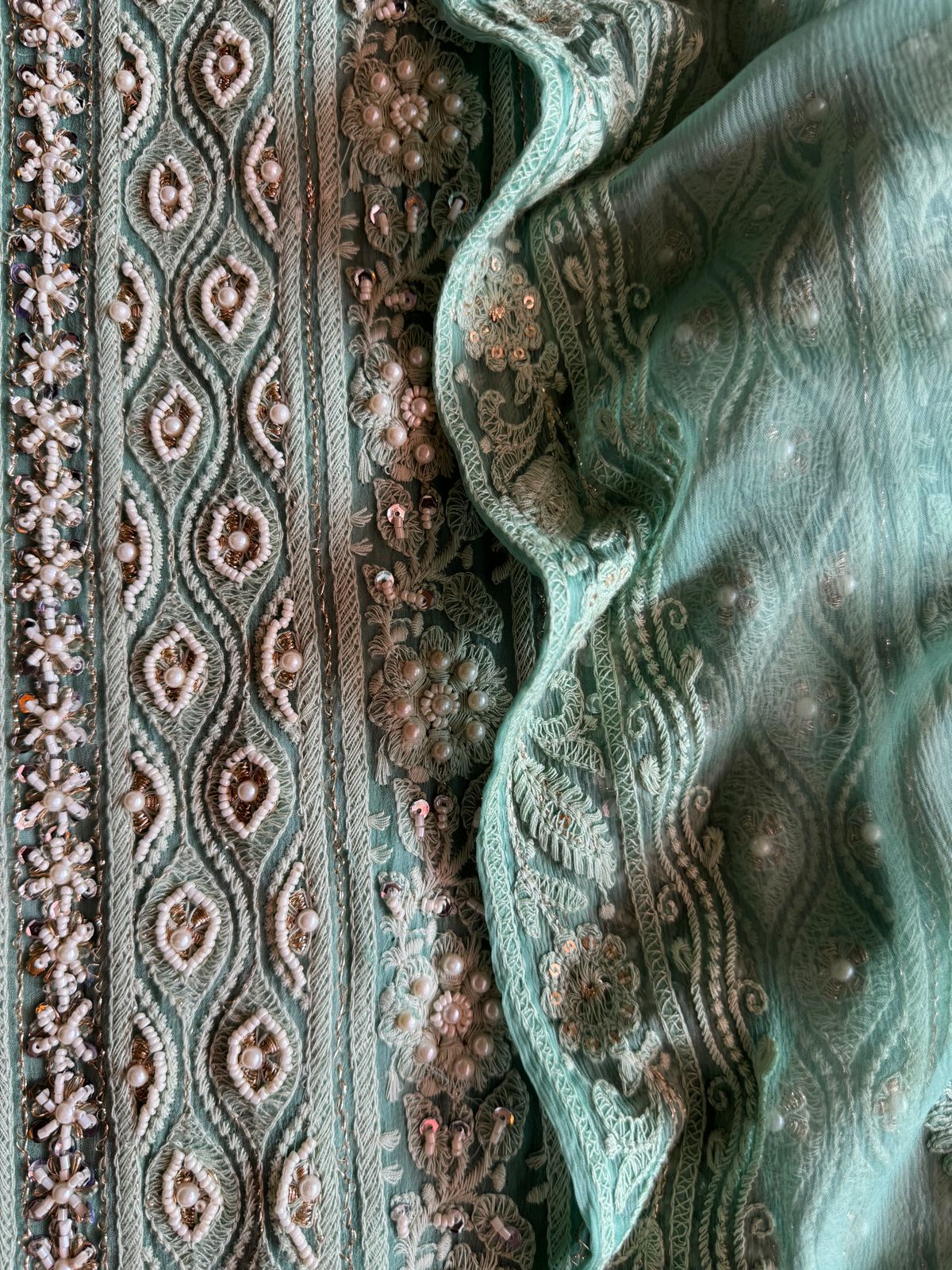 Pure Georgette Suits with Handwork done (Pearl work) with Pure chiffon embroidered Dupatta