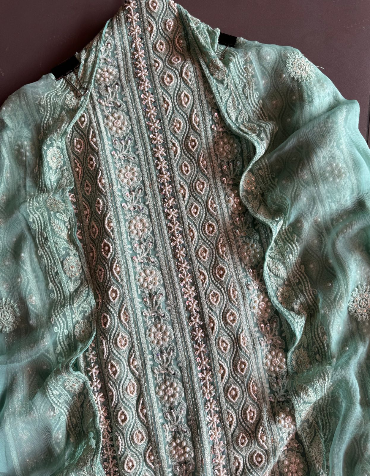 Pure Georgette Suits with Handwork done (Pearl work) with Pure chiffon embroidered Dupatta