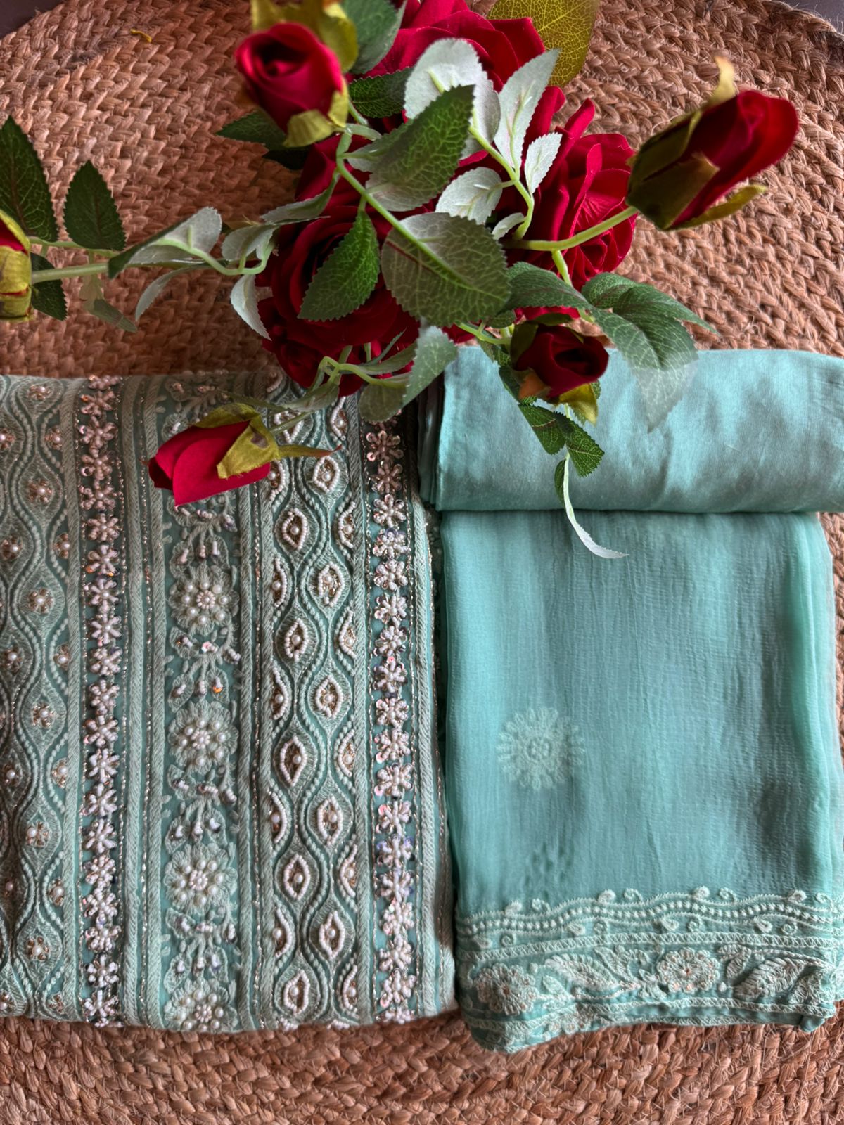 Pure Georgette Suits with Handwork done (Pearl work) with Pure chiffon embroidered Dupatta