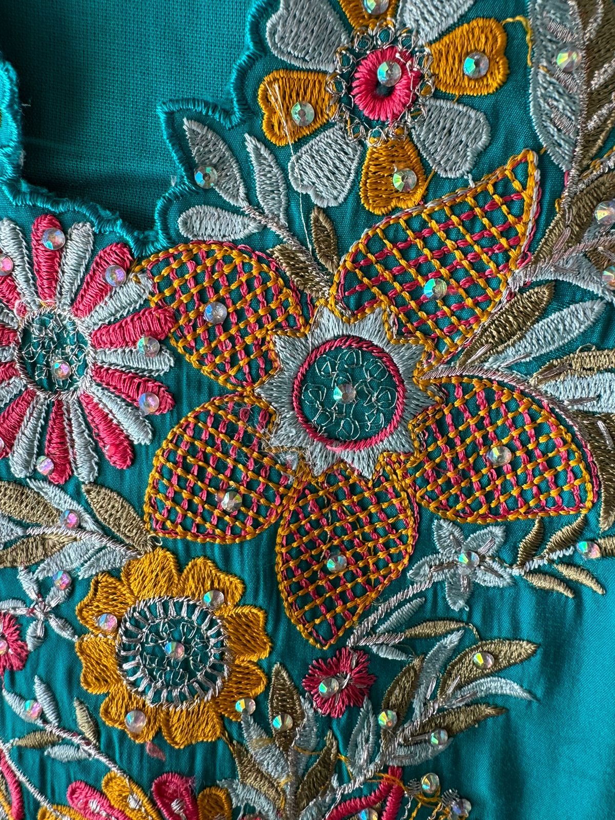 Pure jam cotton Unstitched full size shirt with thread embroidered neckline with sequence highlighting