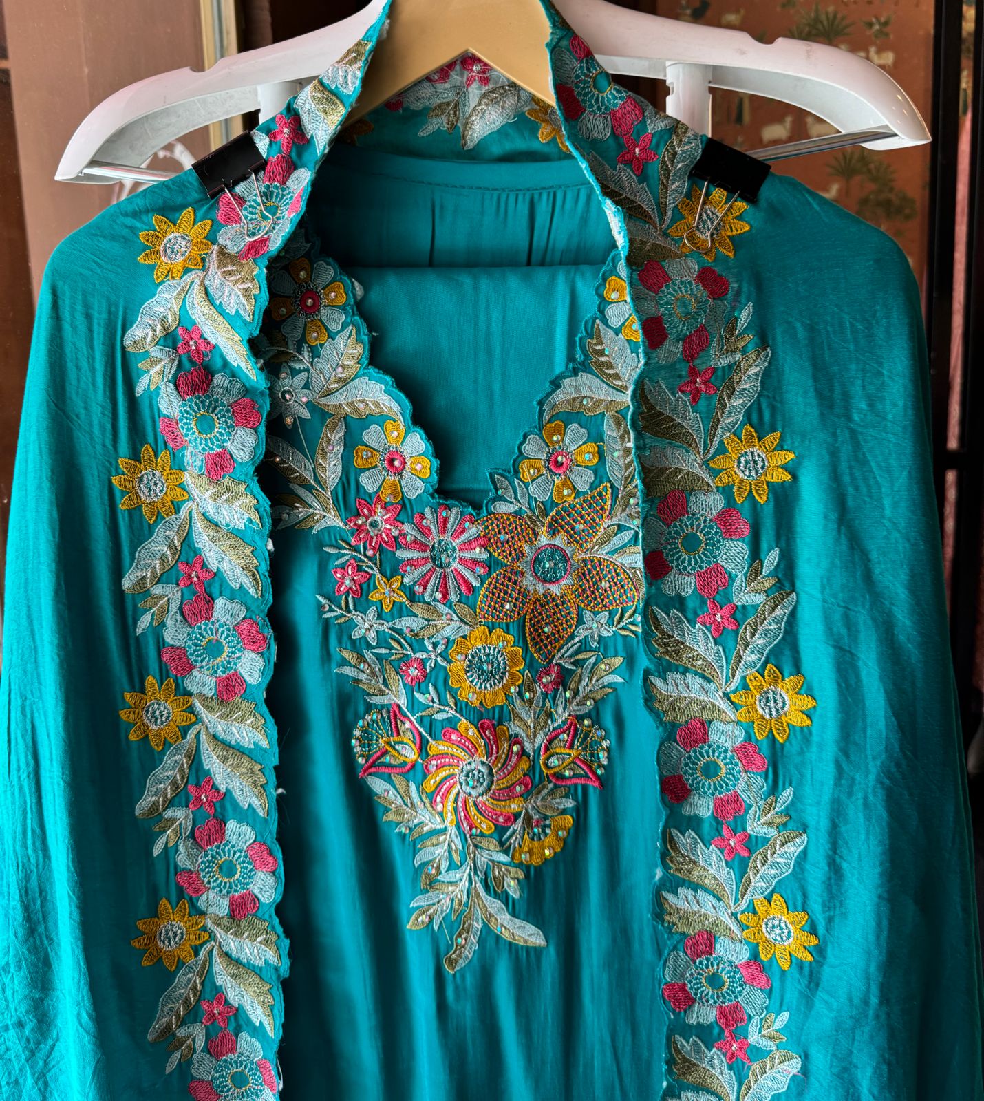 Pure jam cotton Unstitched full size shirt with thread embroidered neckline with sequence highlighting