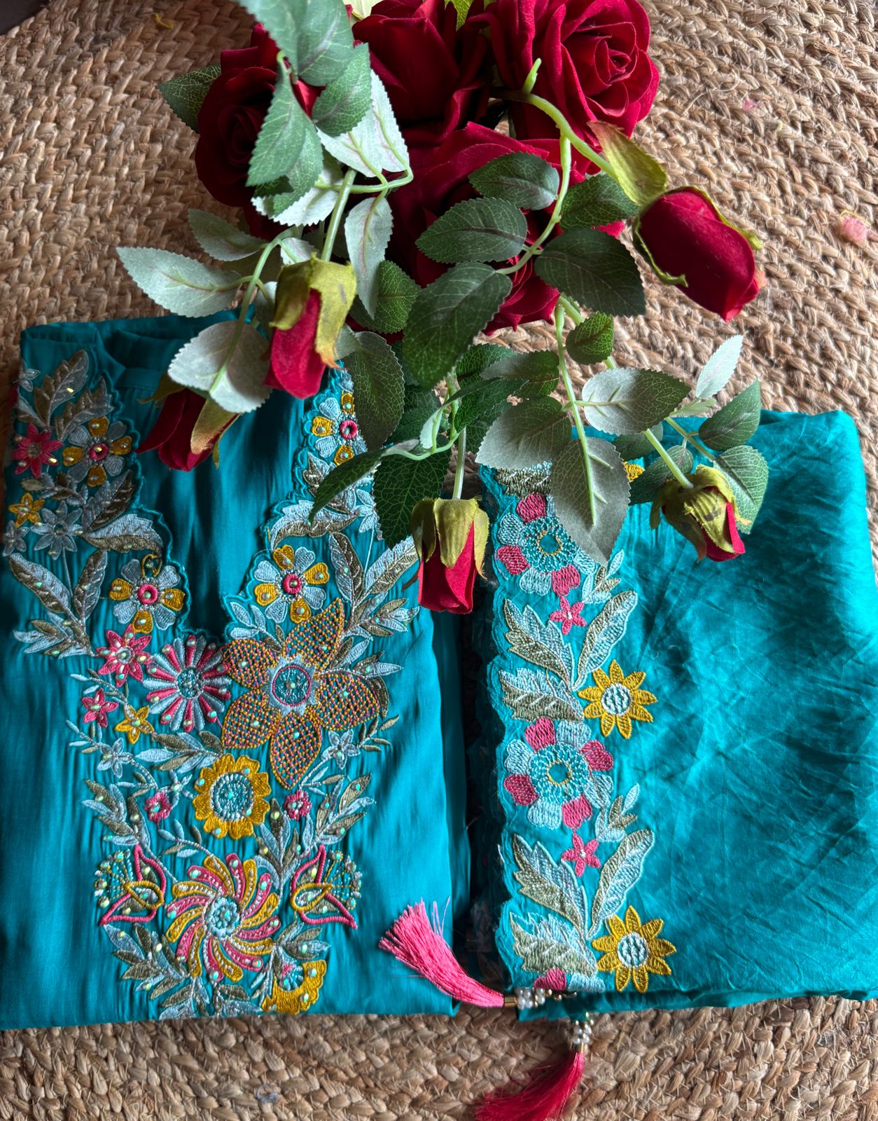 Pure jam cotton Unstitched full size shirt with thread embroidered neckline with sequence highlighting