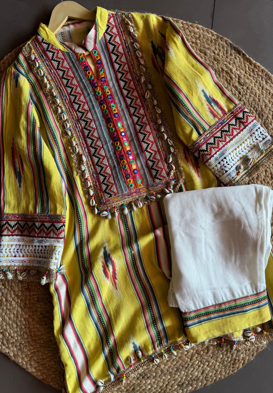 Handloom cotton Ikkat printed designer COORD set with jute lace , Coloured mirror lace , Kaudi lace on the neckline , Beautiful Neckwork