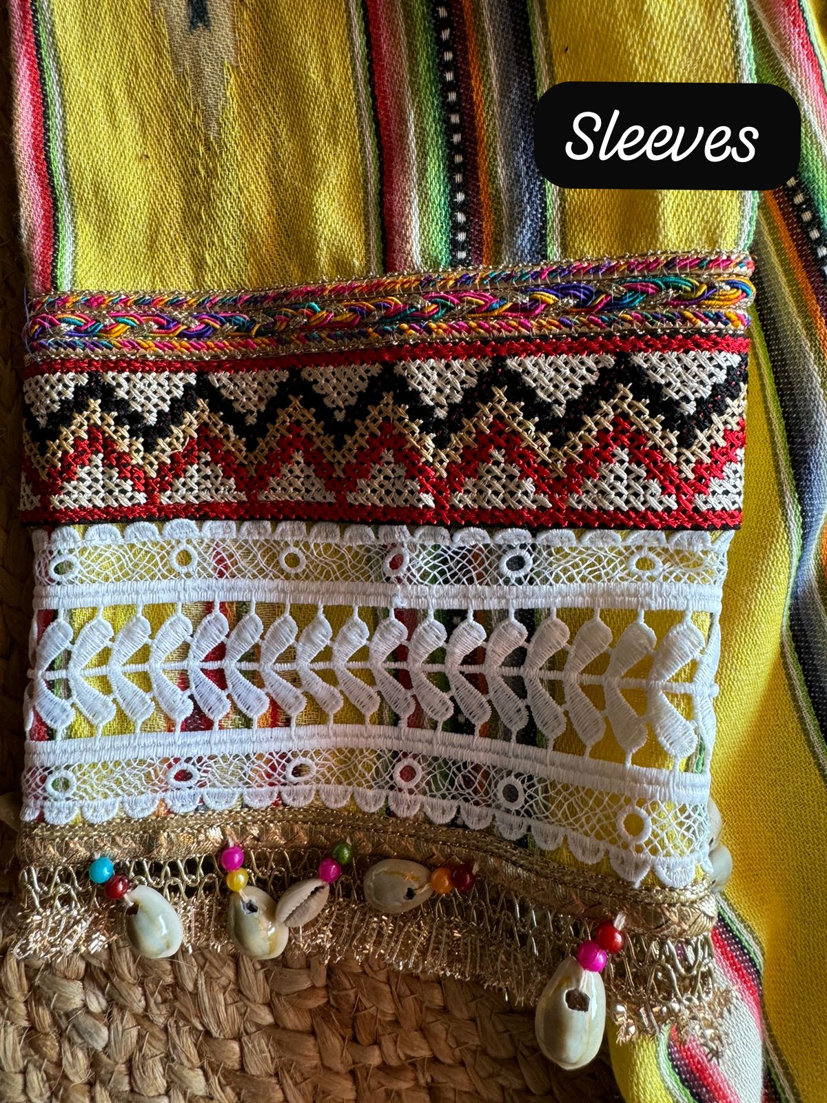 Handloom cotton Ikkat printed designer COORD set with jute lace , Coloured mirror lace , Kaudi lace on the neckline , Beautiful Neckwork