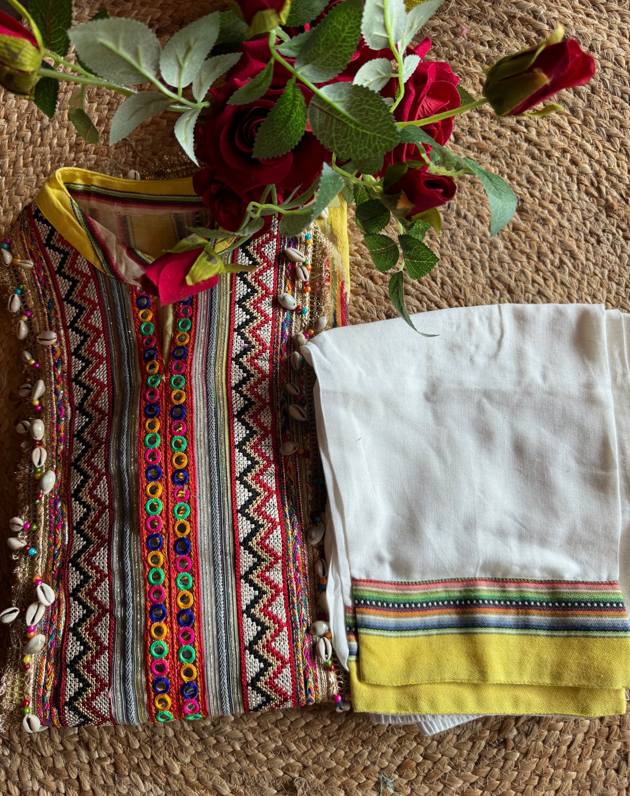 Handloom cotton Ikkat printed designer COORD set with jute lace , Coloured mirror lace , Kaudi lace on the neckline , Beautiful Neckwork