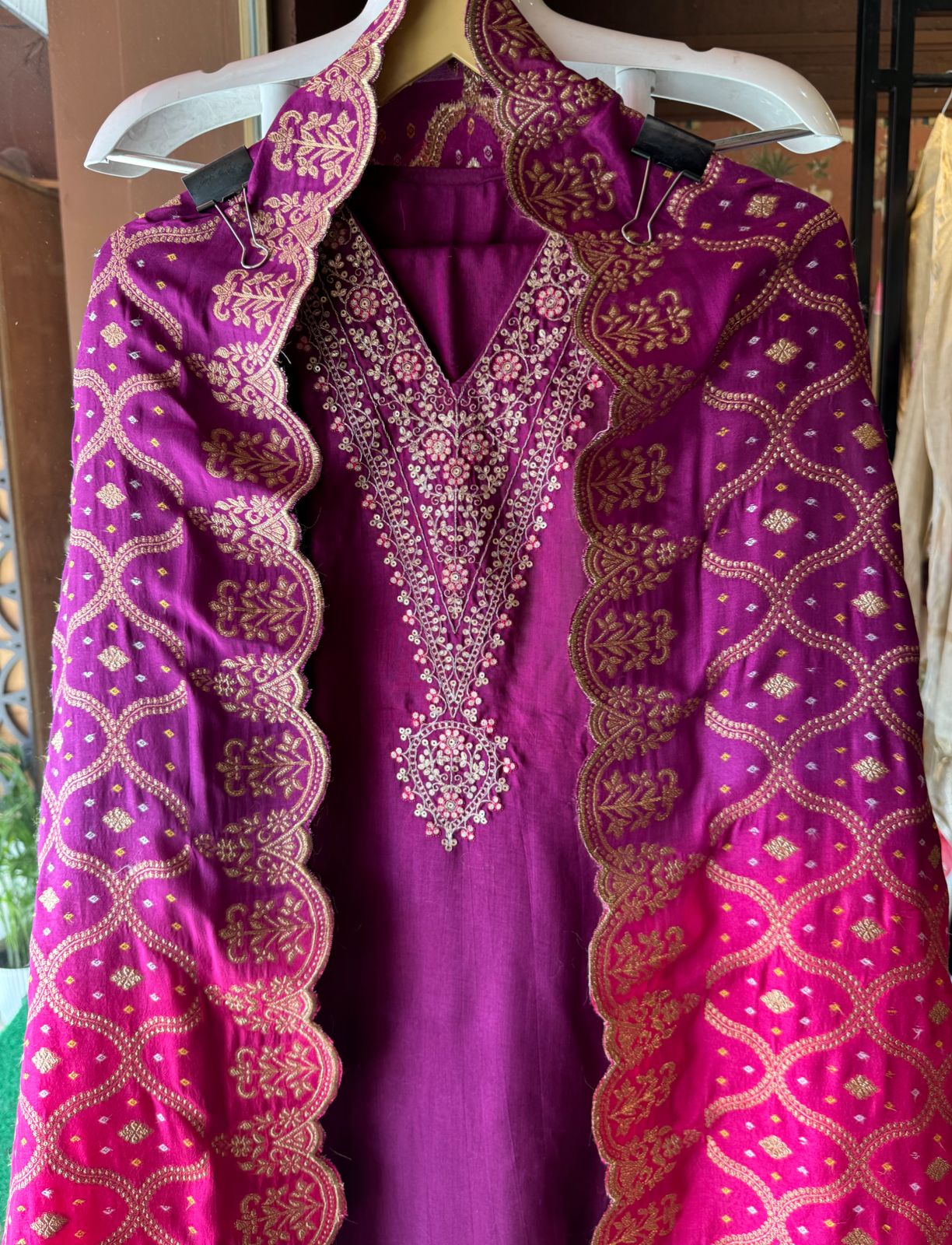 Pure Silk Unstitched Shirt with Beautiful Dori Neckwork with sequence and zari detailings as well
