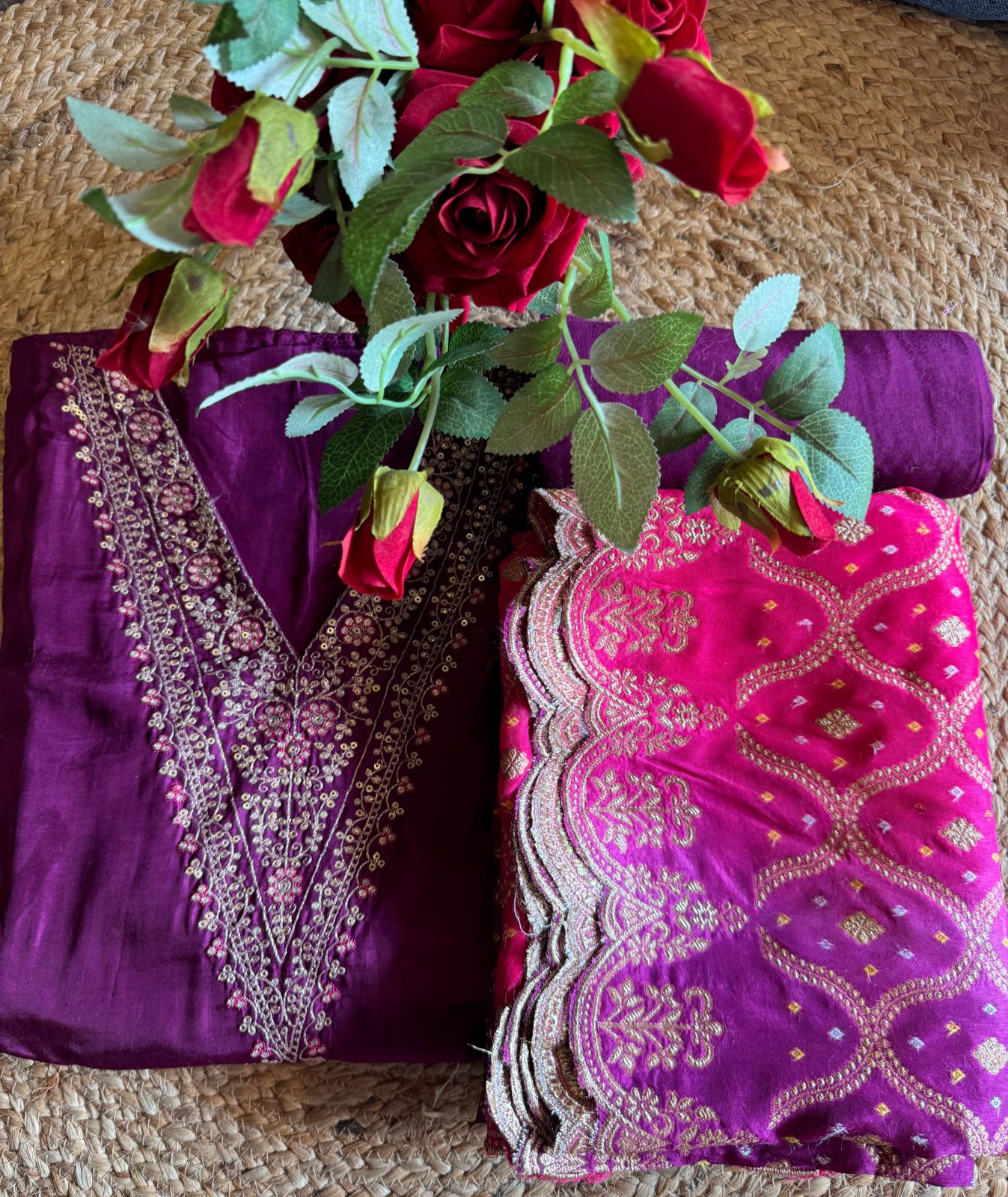 Pure Silk Unstitched Shirt with Beautiful Dori Neckwork with sequence and zari detailings as well