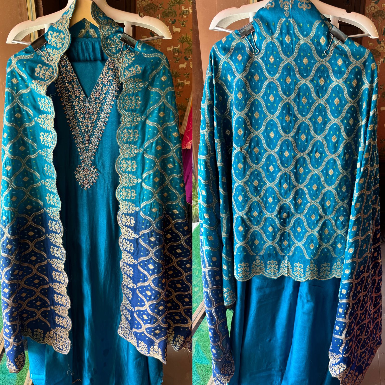 Pure Silk Unstitched Shirt with Beautiful Dori Neckwork with sequence and zari detailings as well