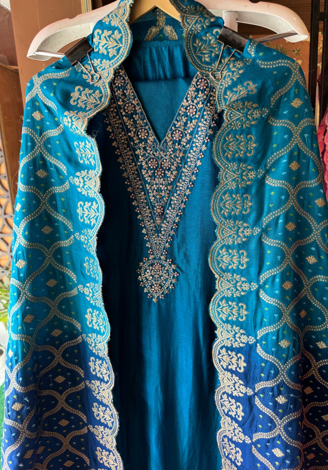 Pure Silk Unstitched Shirt with Beautiful Dori Neckwork with sequence and zari detailings as well