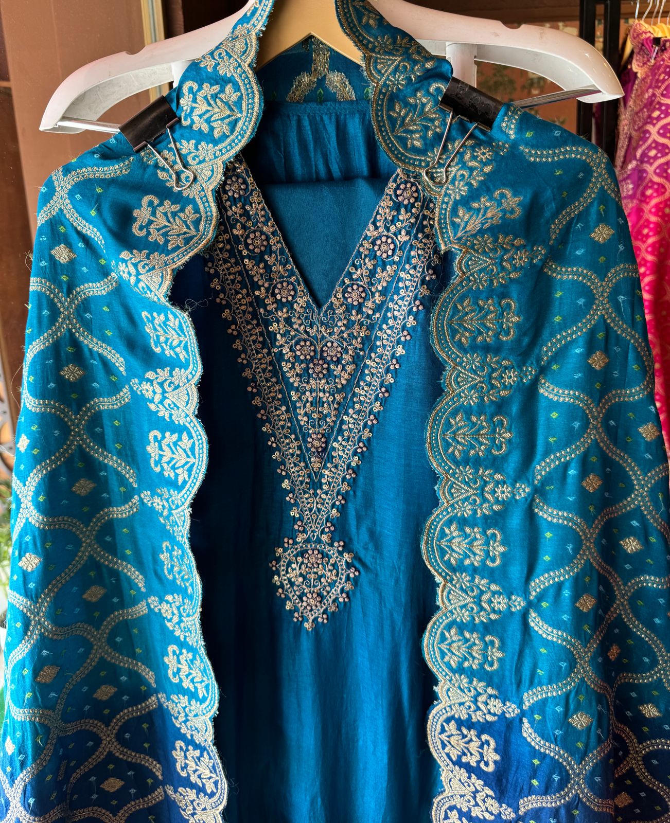 Pure Silk Unstitched Shirt with Beautiful Dori Neckwork with sequence and zari detailings as well