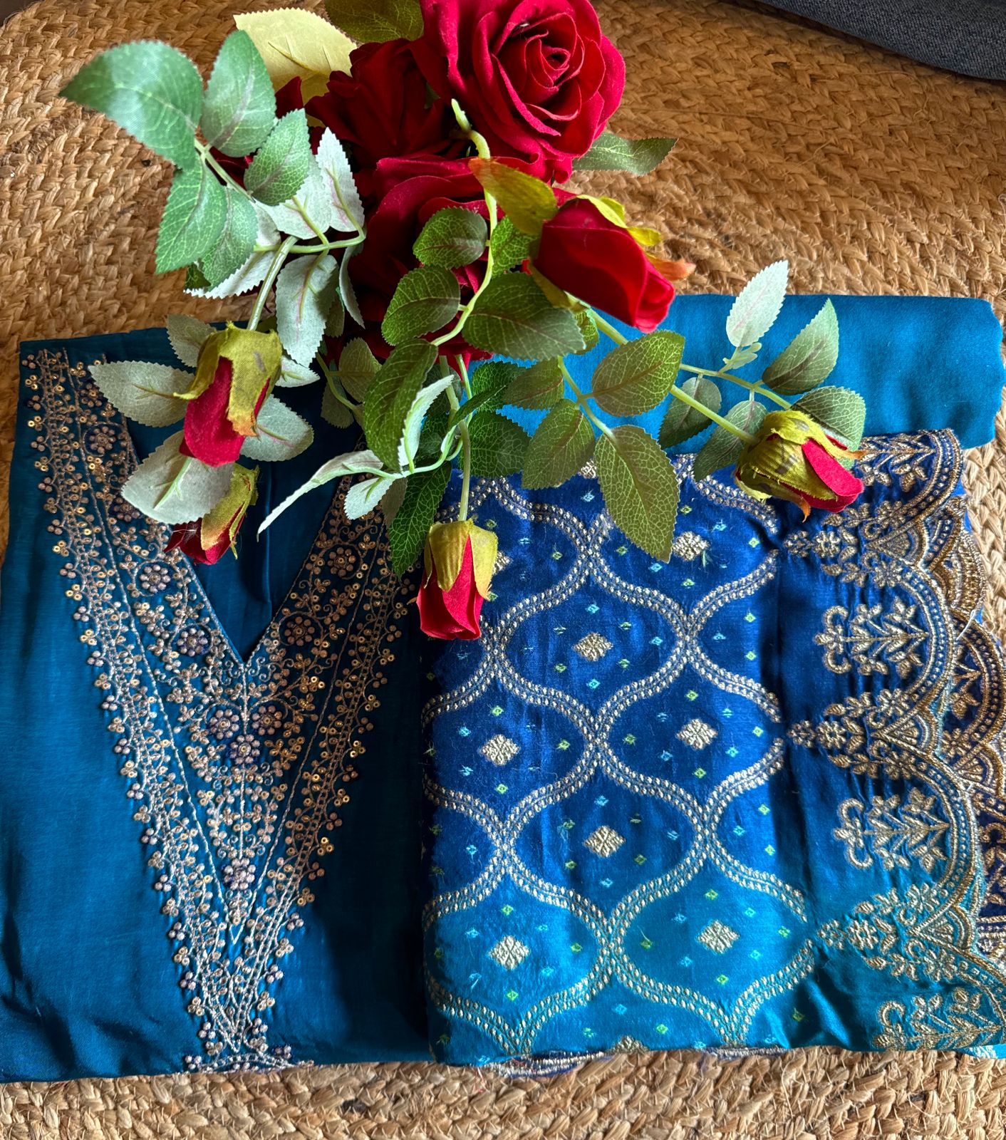 Pure Silk Unstitched Shirt with Beautiful Dori Neckwork with sequence and zari detailings as well