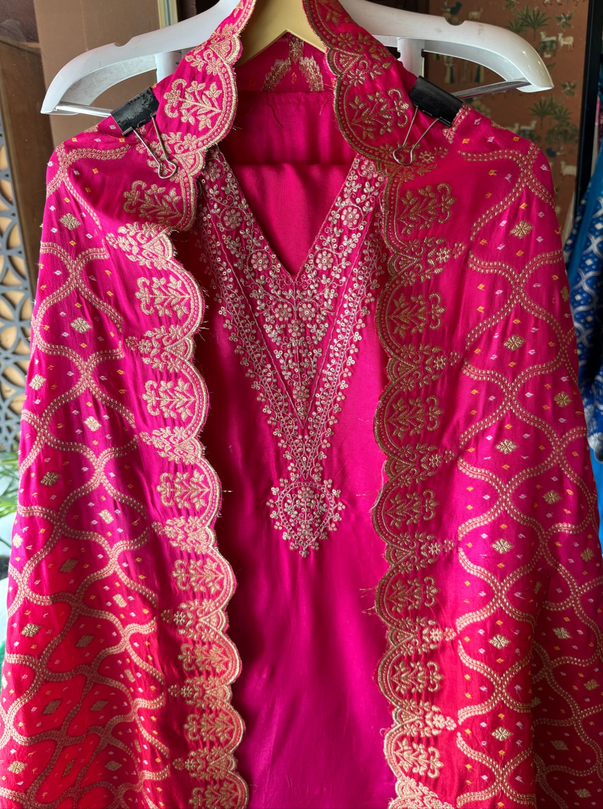 Pure Silk Unstitched Shirt with Beautiful Dori Neckwork with sequence and zari detailings as well