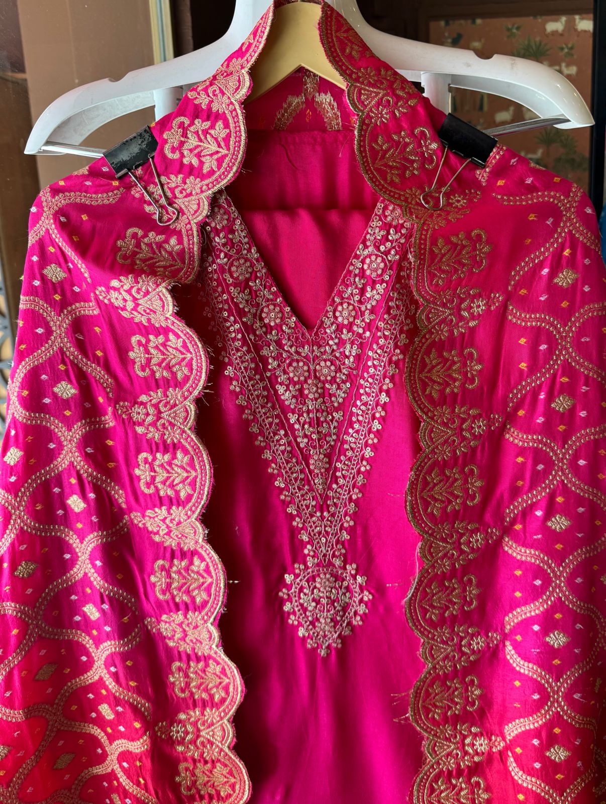 Pure Silk Unstitched Shirt with Beautiful Dori Neckwork with sequence and zari detailings as well
