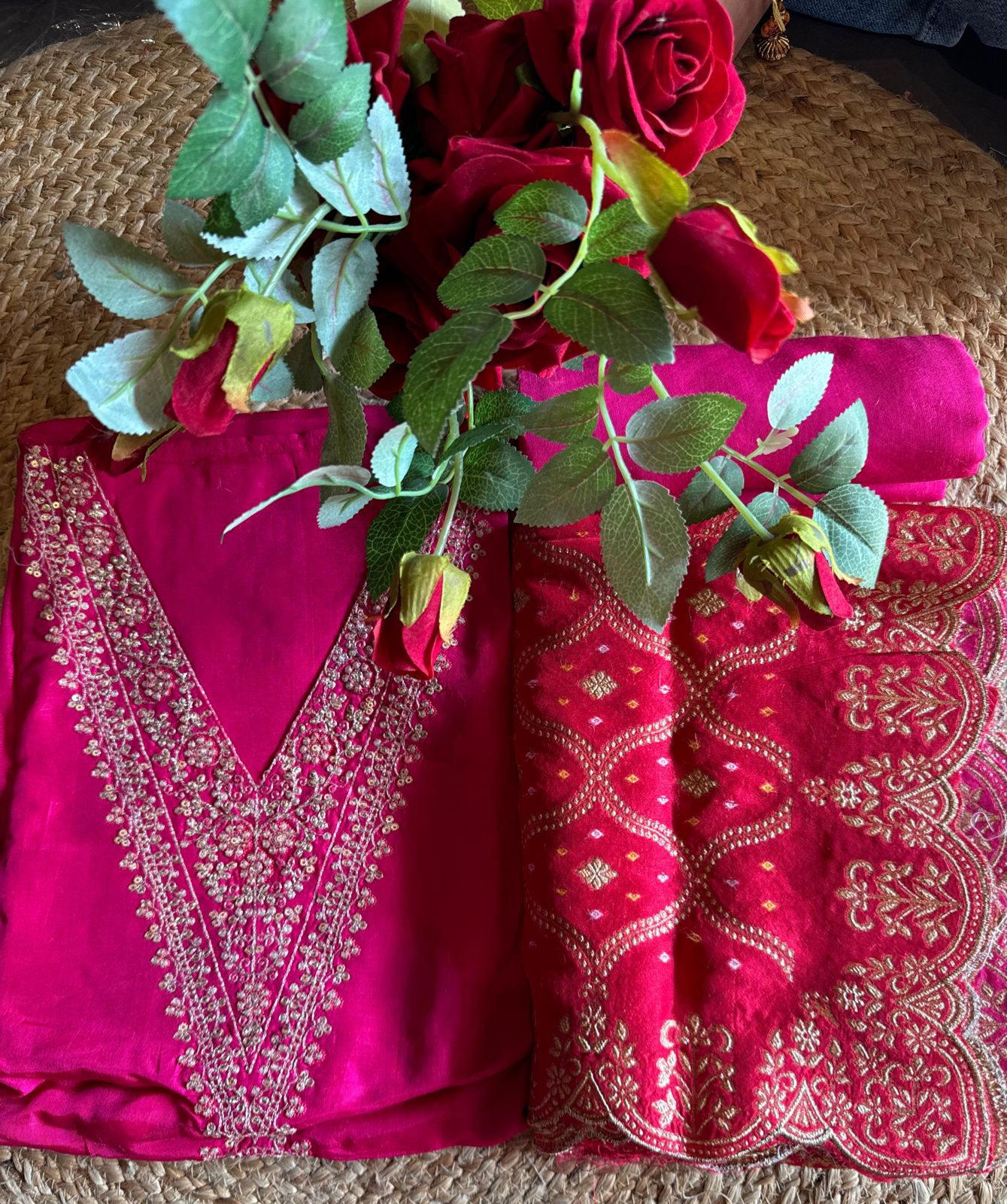 Pure Silk Unstitched Shirt with Beautiful Dori Neckwork with sequence and zari detailings as well