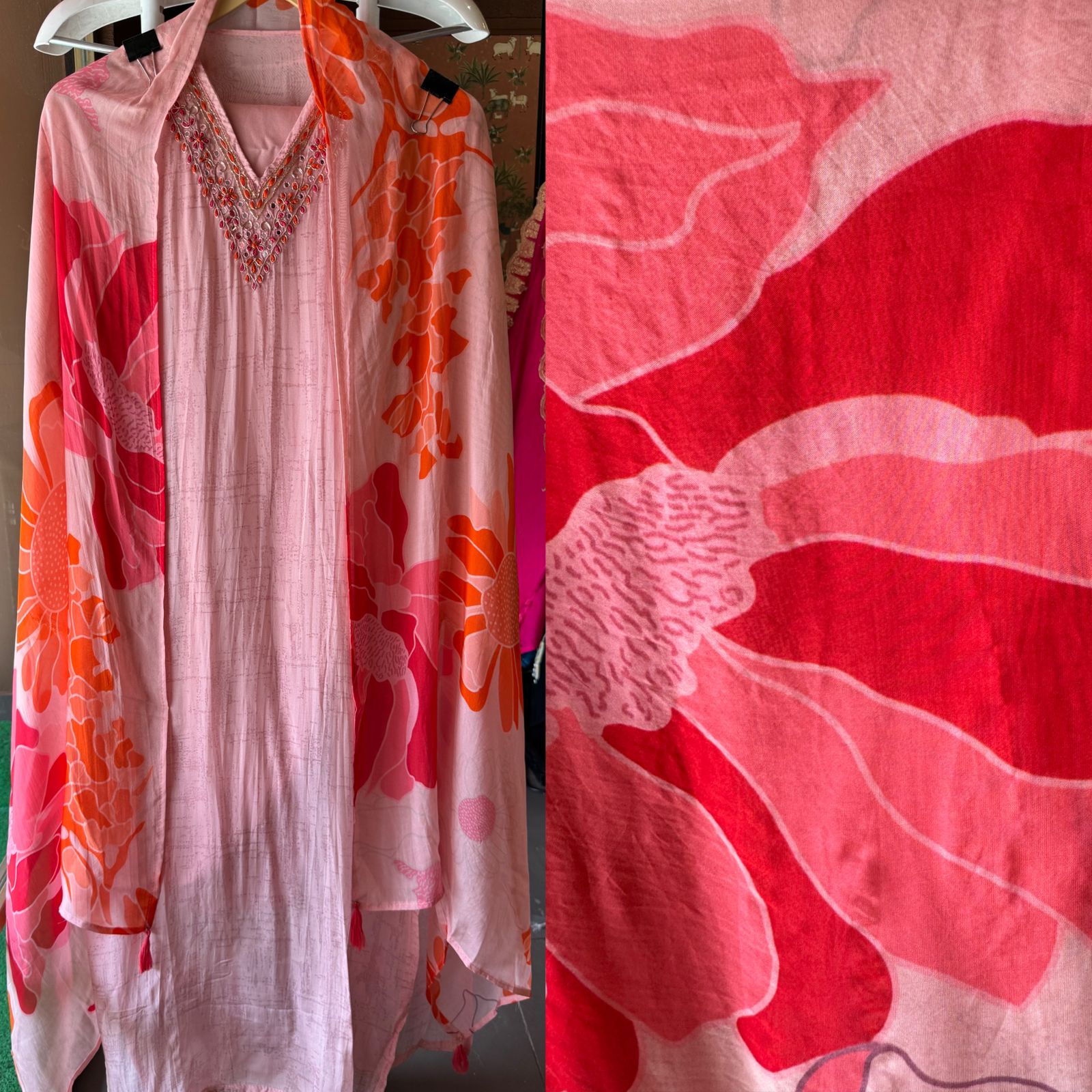 Digital printed organza Shirt (Semi stitched) peach in colour , With Neckwork , Dabka and dori work done on the Neckline with thread work detailings