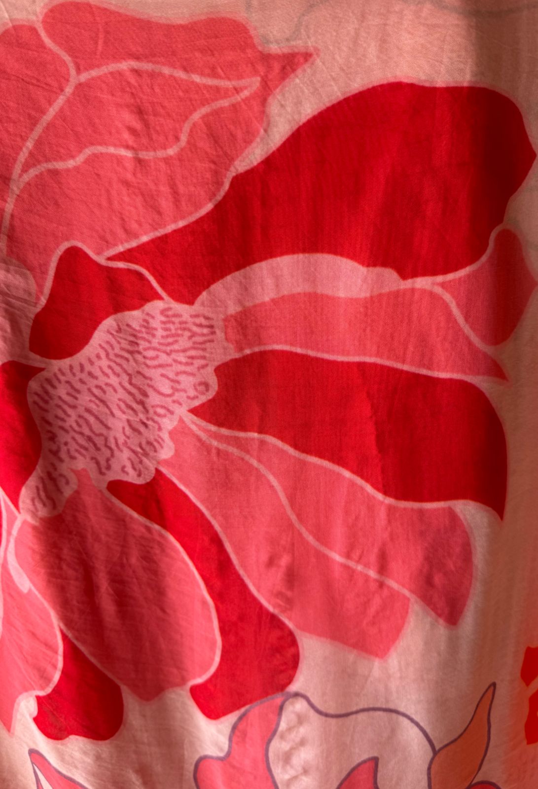 Digital printed organza Shirt (Semi stitched) peach in colour , With Neckwork , Dabka and dori work done on the Neckline with thread work detailings