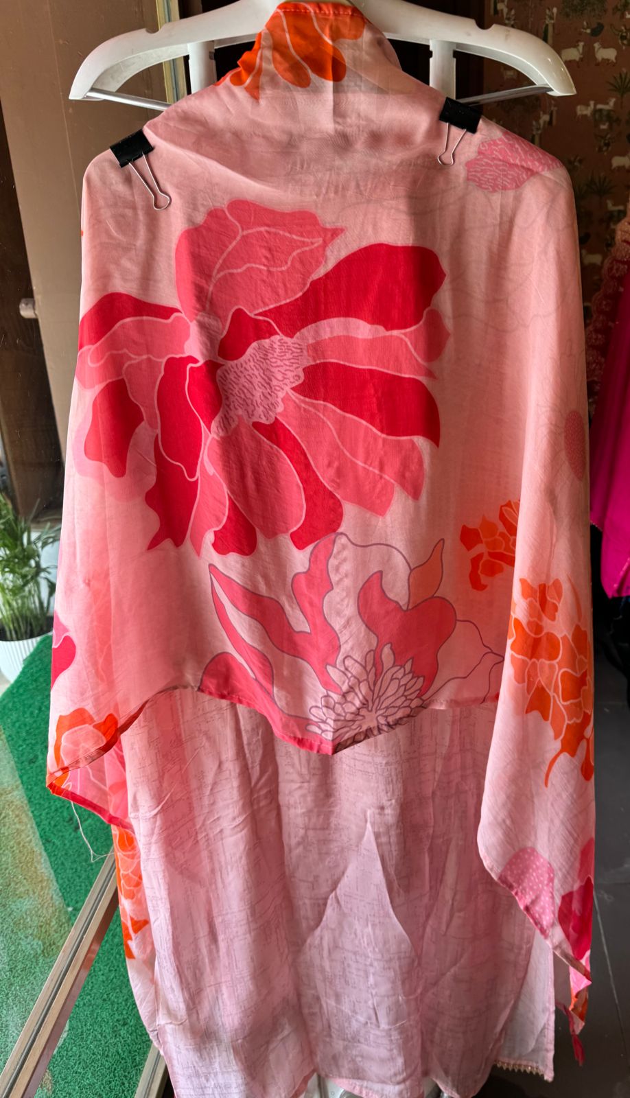 Digital printed organza Shirt (Semi stitched) peach in colour , With Neckwork , Dabka and dori work done on the Neckline with thread work detailings