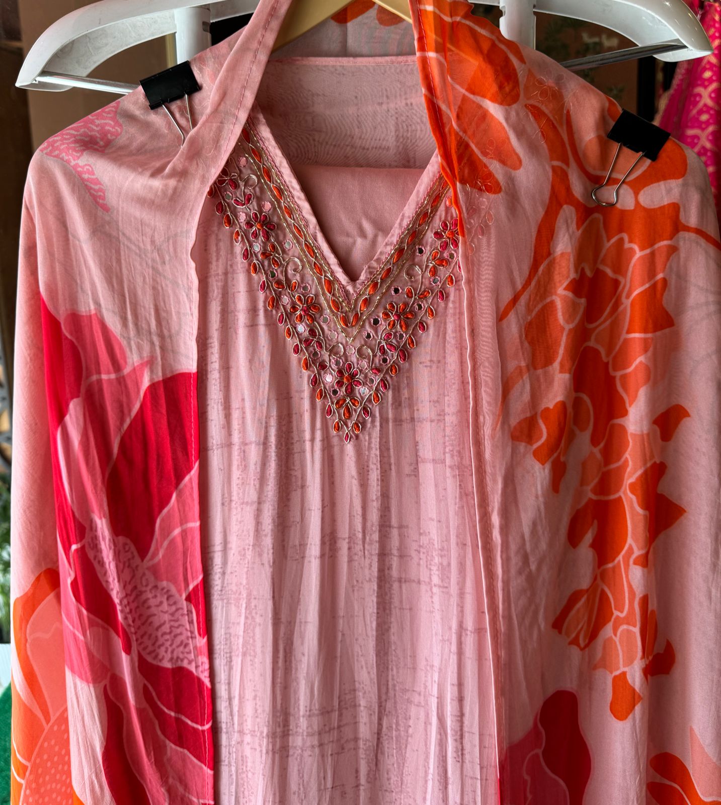 Digital printed organza Shirt (Semi stitched) peach in colour , With Neckwork , Dabka and dori work done on the Neckline with thread work detailings