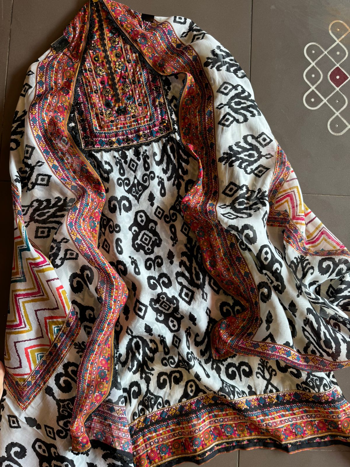 Self organza unstitched shirt kurta with ikkat digital printing done on the full shirt front and back as well.