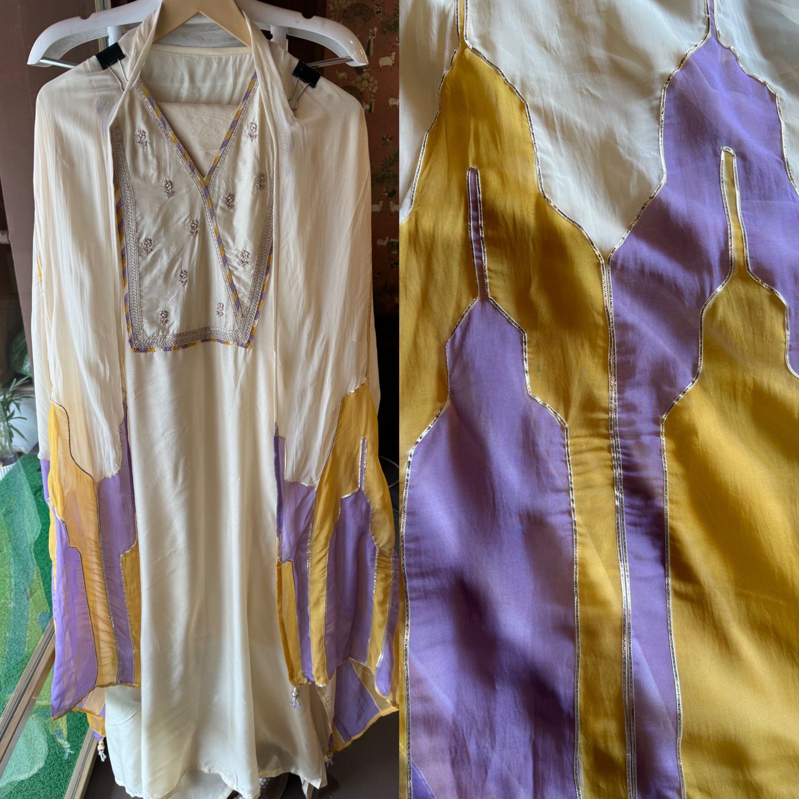 Soft organza Unstitched Shirt with angrakha design neckline with Dori and Dabka work booties with piping done.