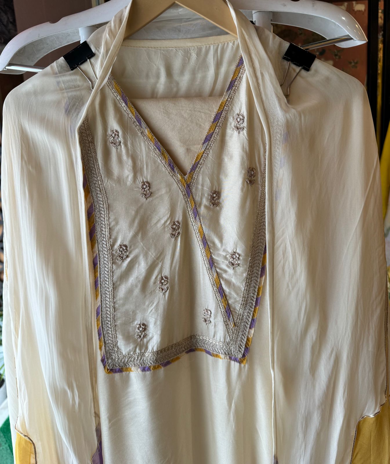 Soft organza Unstitched Shirt with angrakha design neckline with Dori and Dabka work booties with piping done.