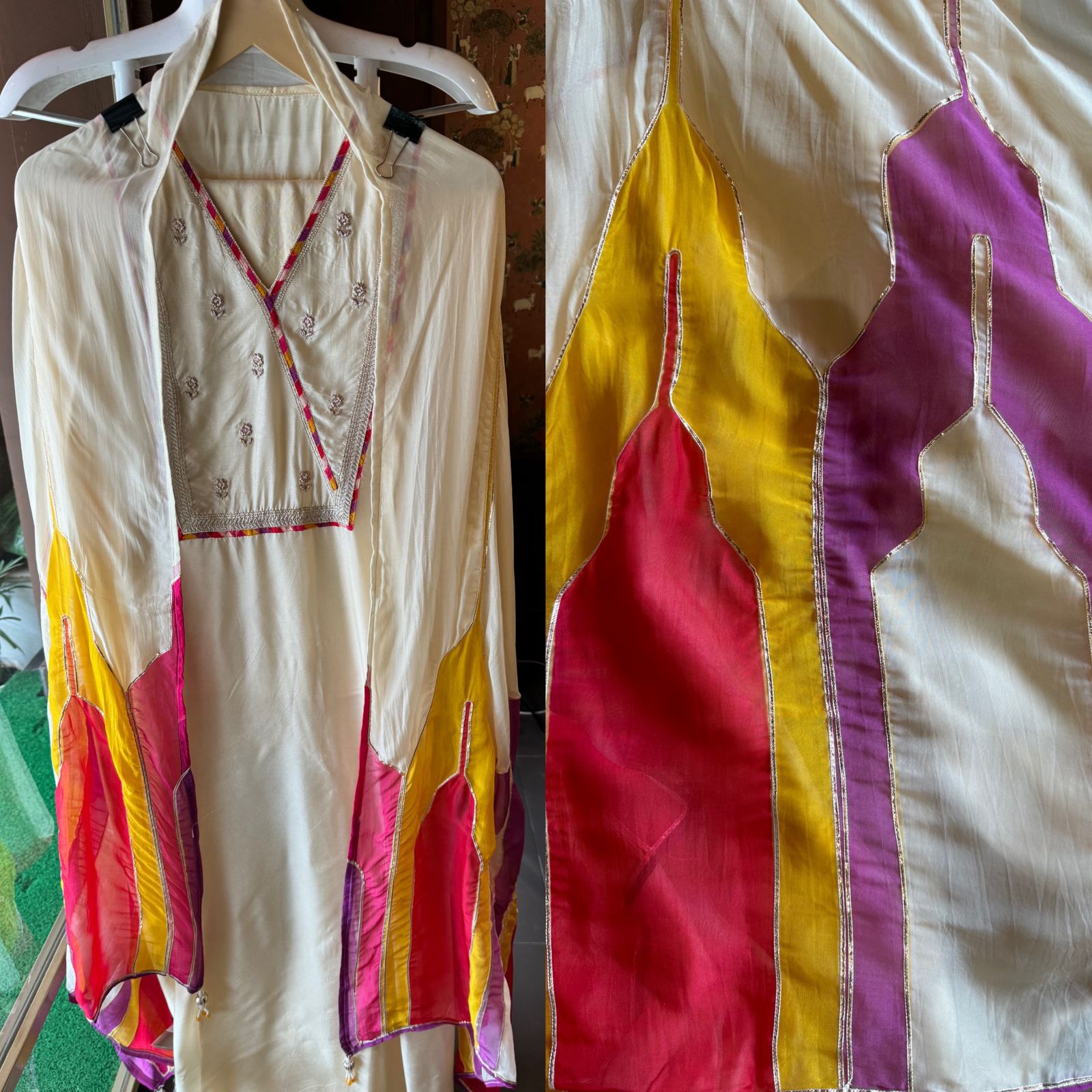 Soft organza Unstitched Shirt with angrakha design neckline with Dori and Dabka work booties with piping done.