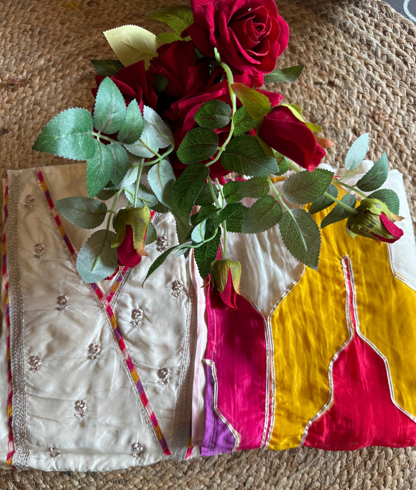 Soft organza Unstitched Shirt with angrakha design neckline with Dori and Dabka work booties with piping done.