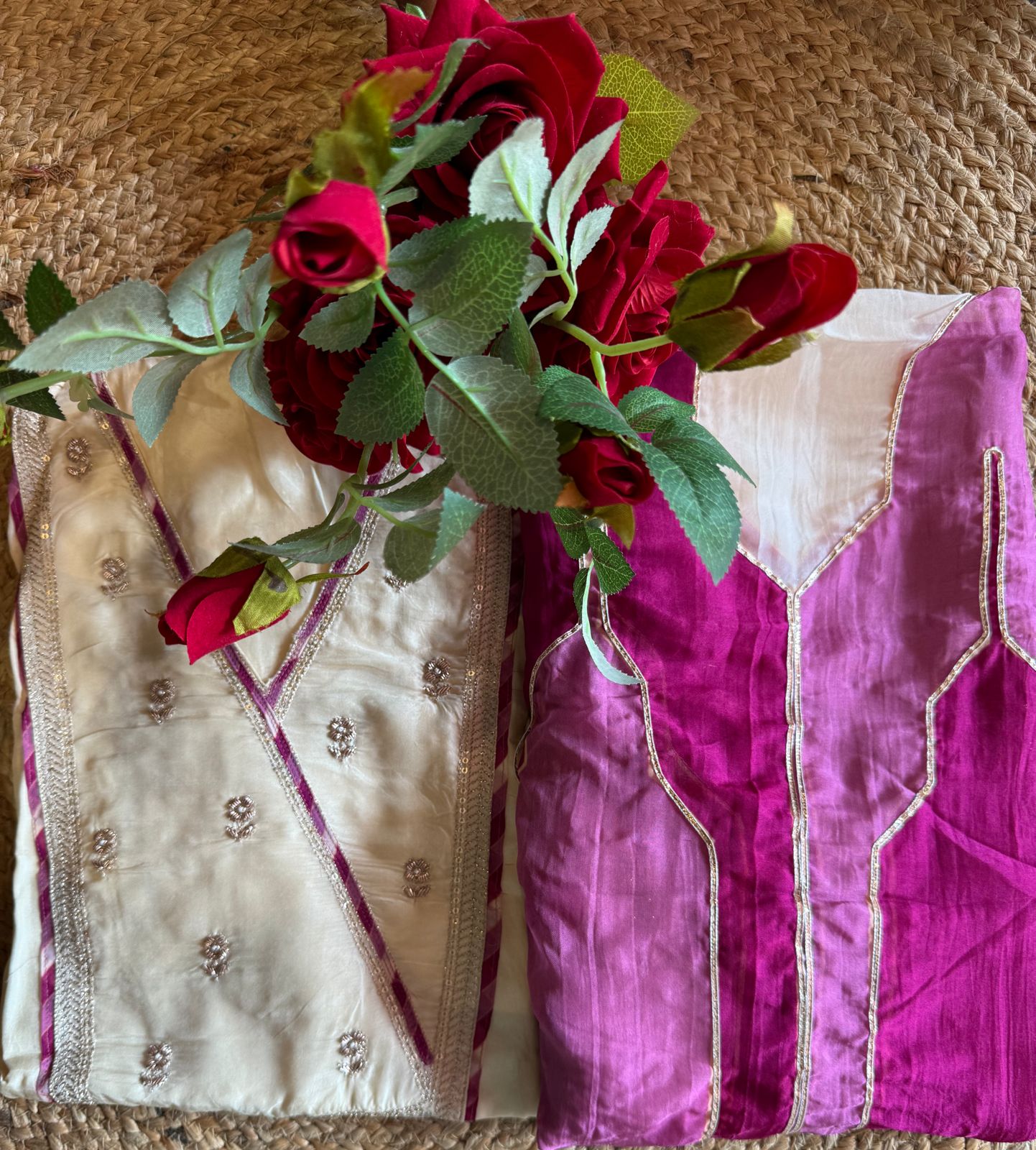 Soft organza Unstitched Shirt with angrakha design neckline with Dori and Dabka work booties with piping done.