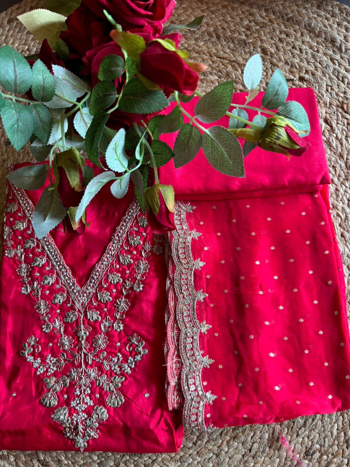 Update Silk Unstitched Shirt with Dabka and dori work on the neckline