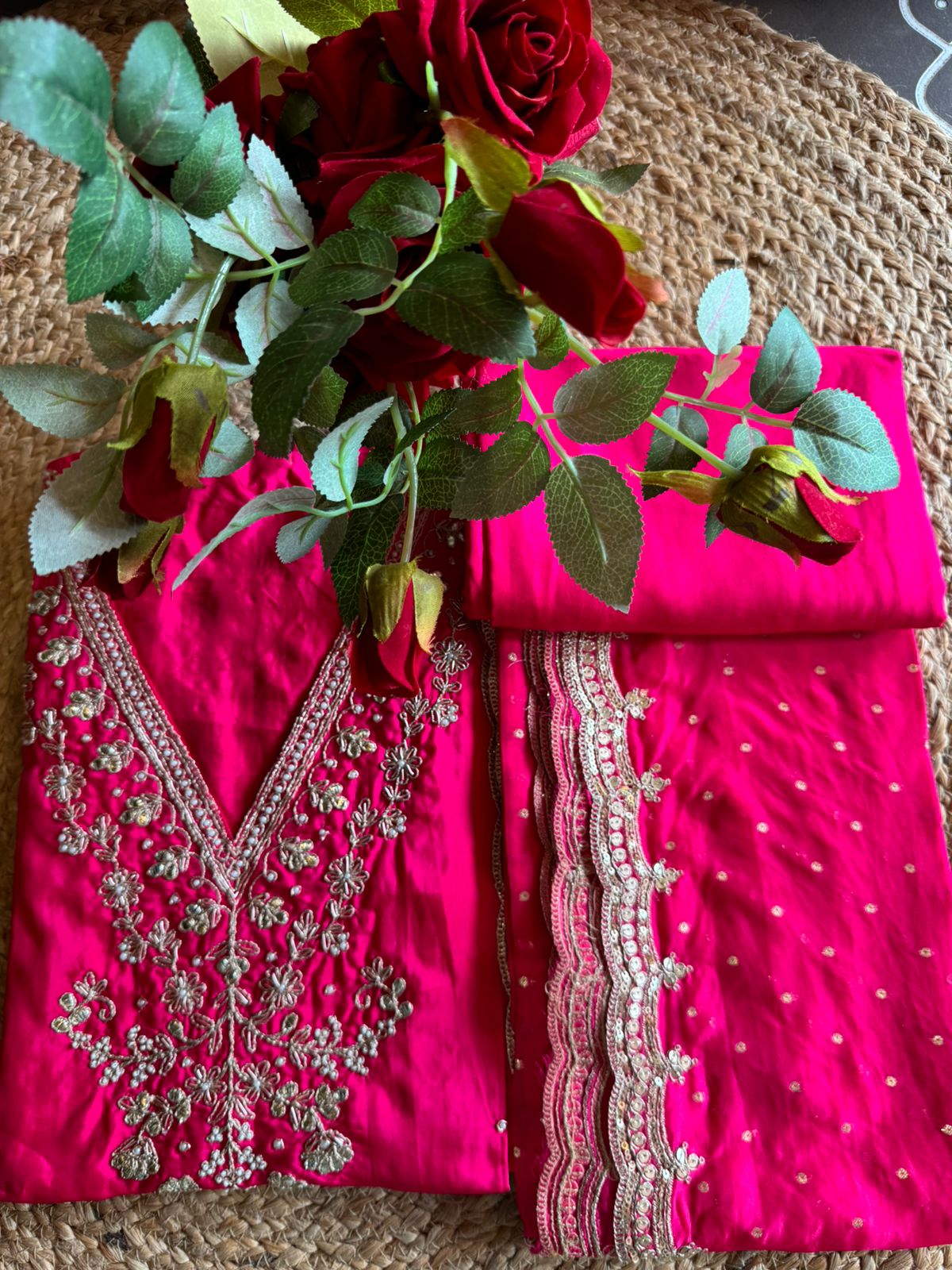 Update Silk Unstitched Shirt with Dabka and dori work on the neckline