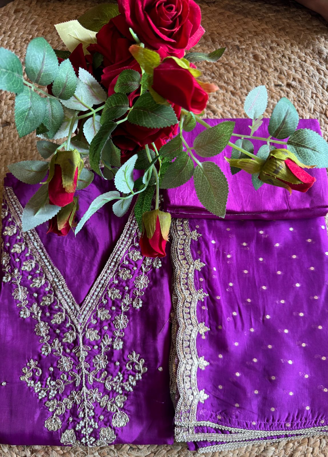 Update Silk Unstitched Shirt with Dabka and dori work on the neckline