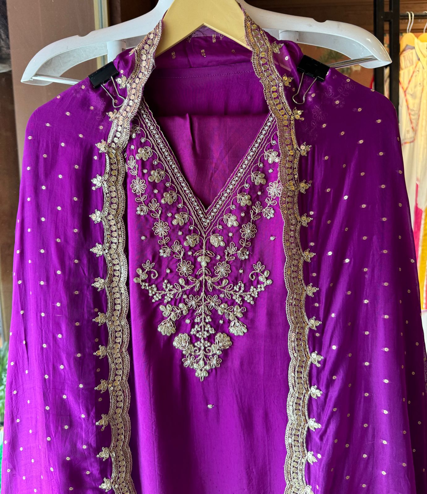 Update Silk Unstitched Shirt with Dabka and dori work on the neckline