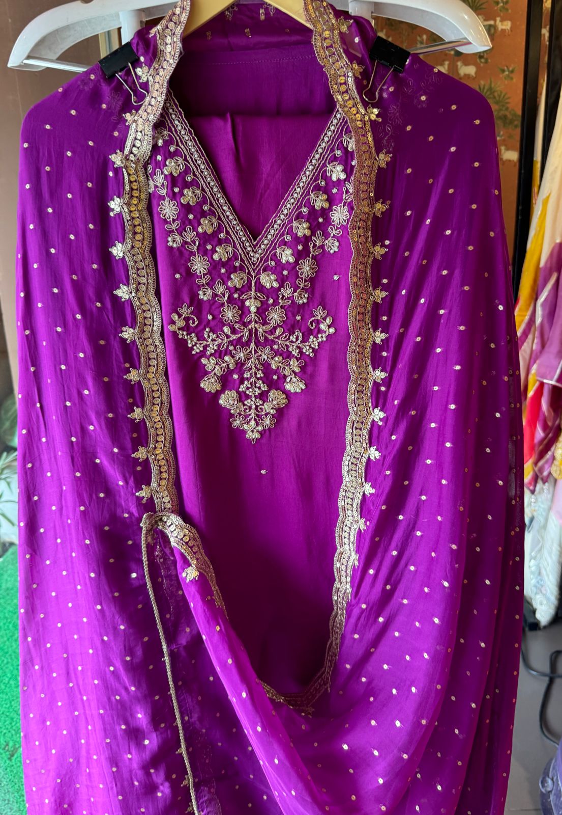 Update Silk Unstitched Shirt with Dabka and dori work on the neckline
