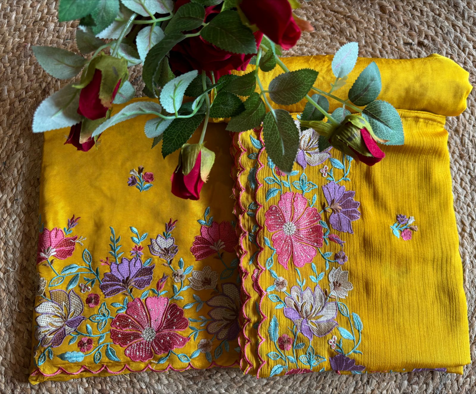 Opada silk Unstitched suit fabrics with very gorgeous floral threadwork on the ghera with soft Cutwork and scalloping