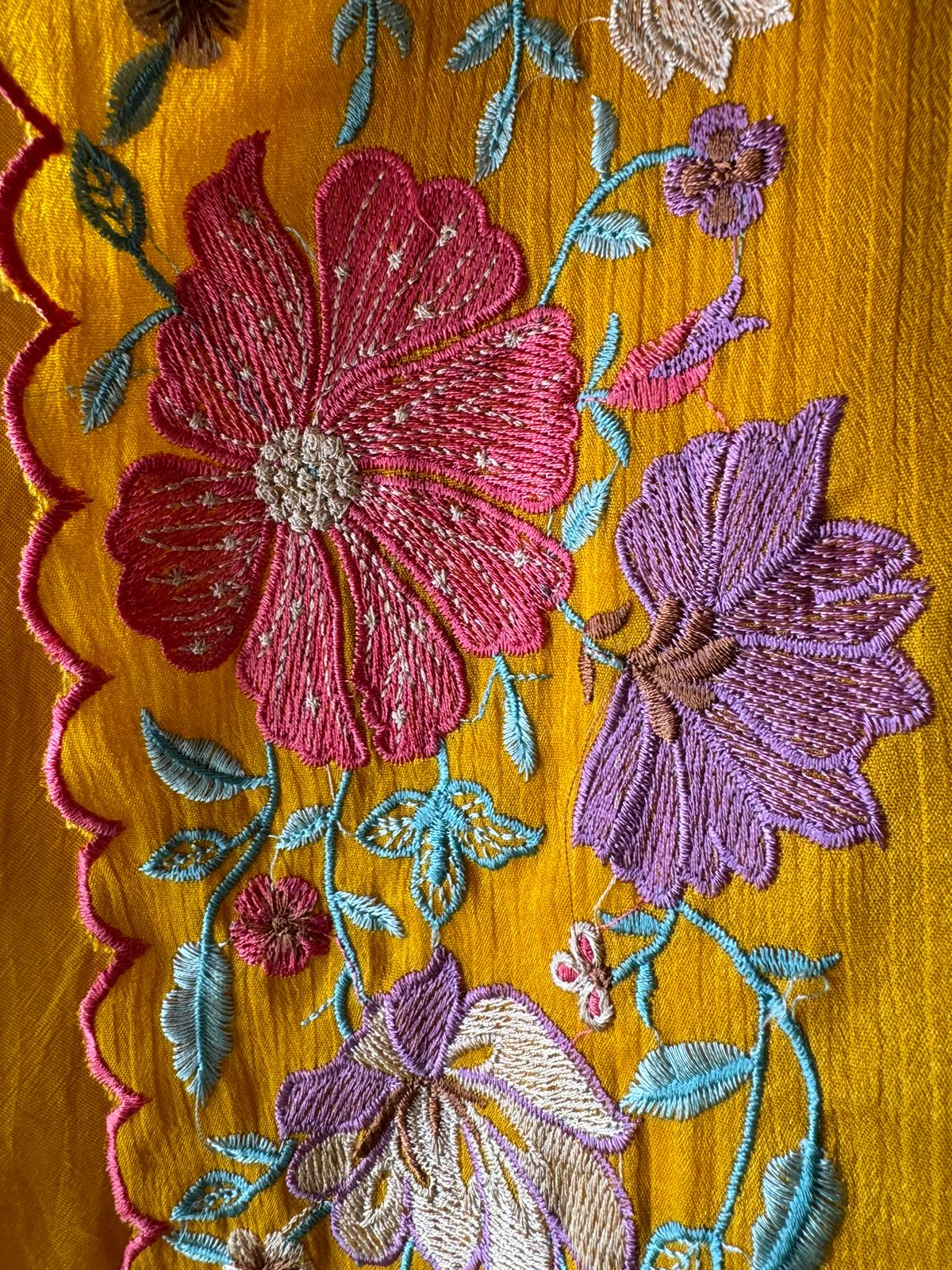Opada silk Unstitched suit fabrics with very gorgeous floral threadwork on the ghera with soft Cutwork and scalloping