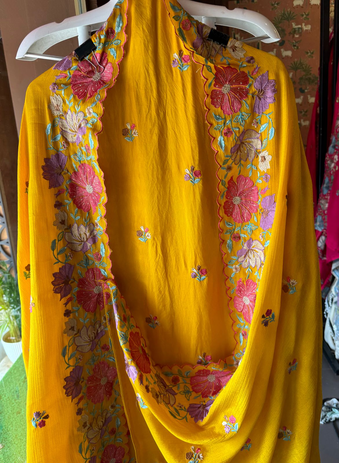 Opada silk Unstitched suit fabrics with very gorgeous floral threadwork on the ghera with soft Cutwork and scalloping