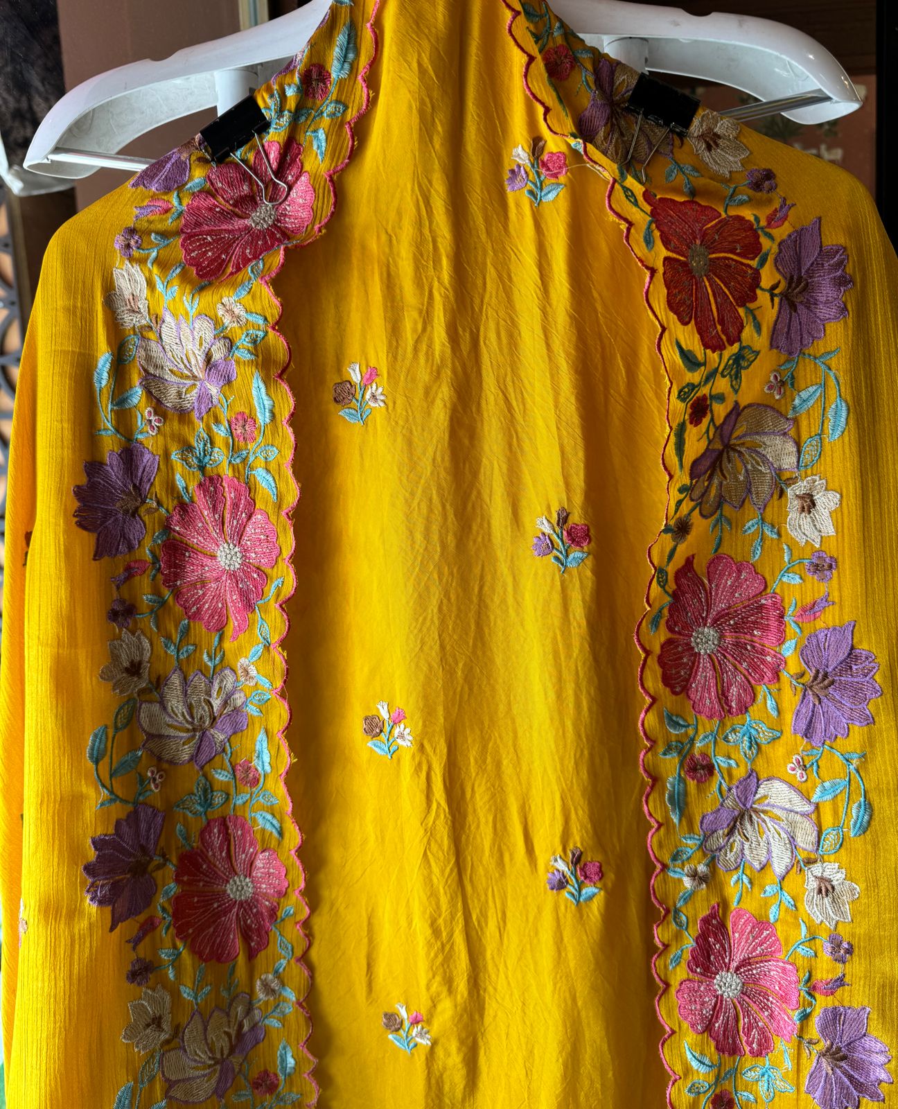 Opada silk Unstitched suit fabrics with very gorgeous floral threadwork on the ghera with soft Cutwork and scalloping