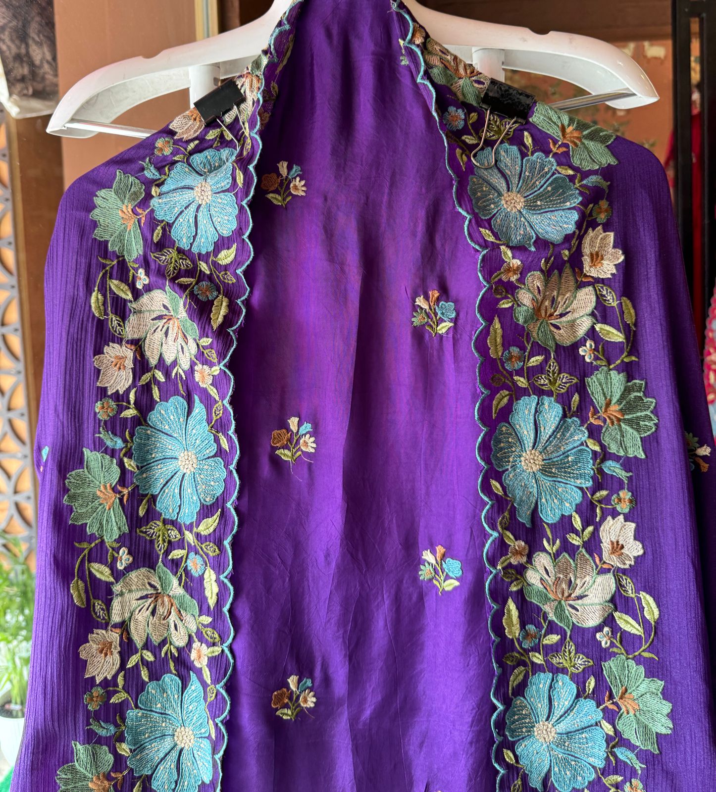 Opada silk Unstitched suit fabrics with very gorgeous floral threadwork on the ghera with soft Cutwork and scalloping