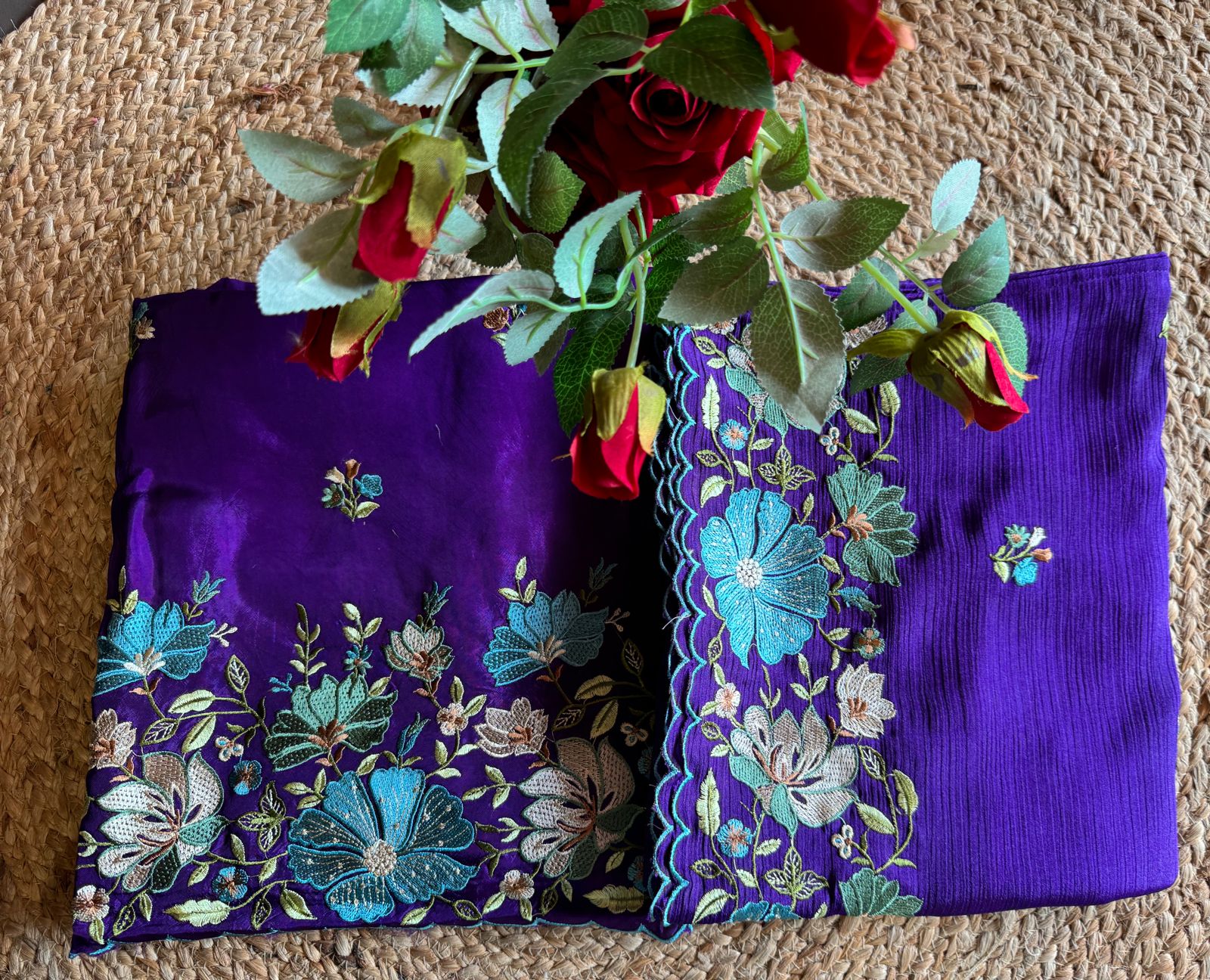 Opada silk Unstitched suit fabrics with very gorgeous floral threadwork on the ghera with soft Cutwork and scalloping