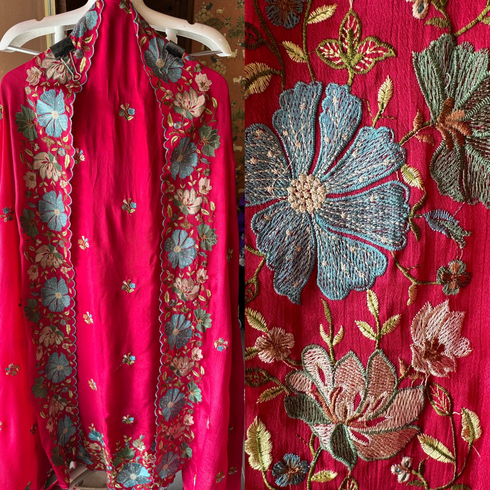 Opada silk Unstitched suit fabrics with very gorgeous floral threadwork on the ghera with soft Cutwork and scalloping