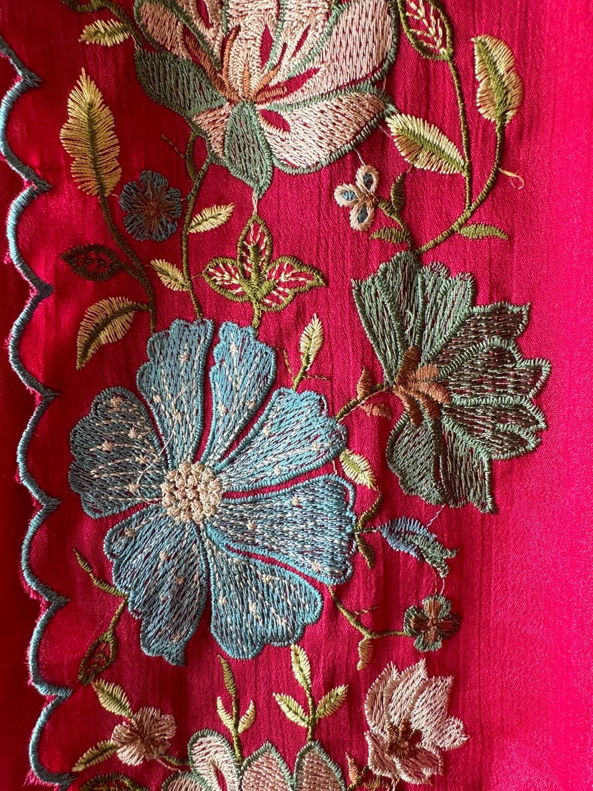 Opada silk Unstitched suit fabrics with very gorgeous floral threadwork on the ghera with soft Cutwork and scalloping
