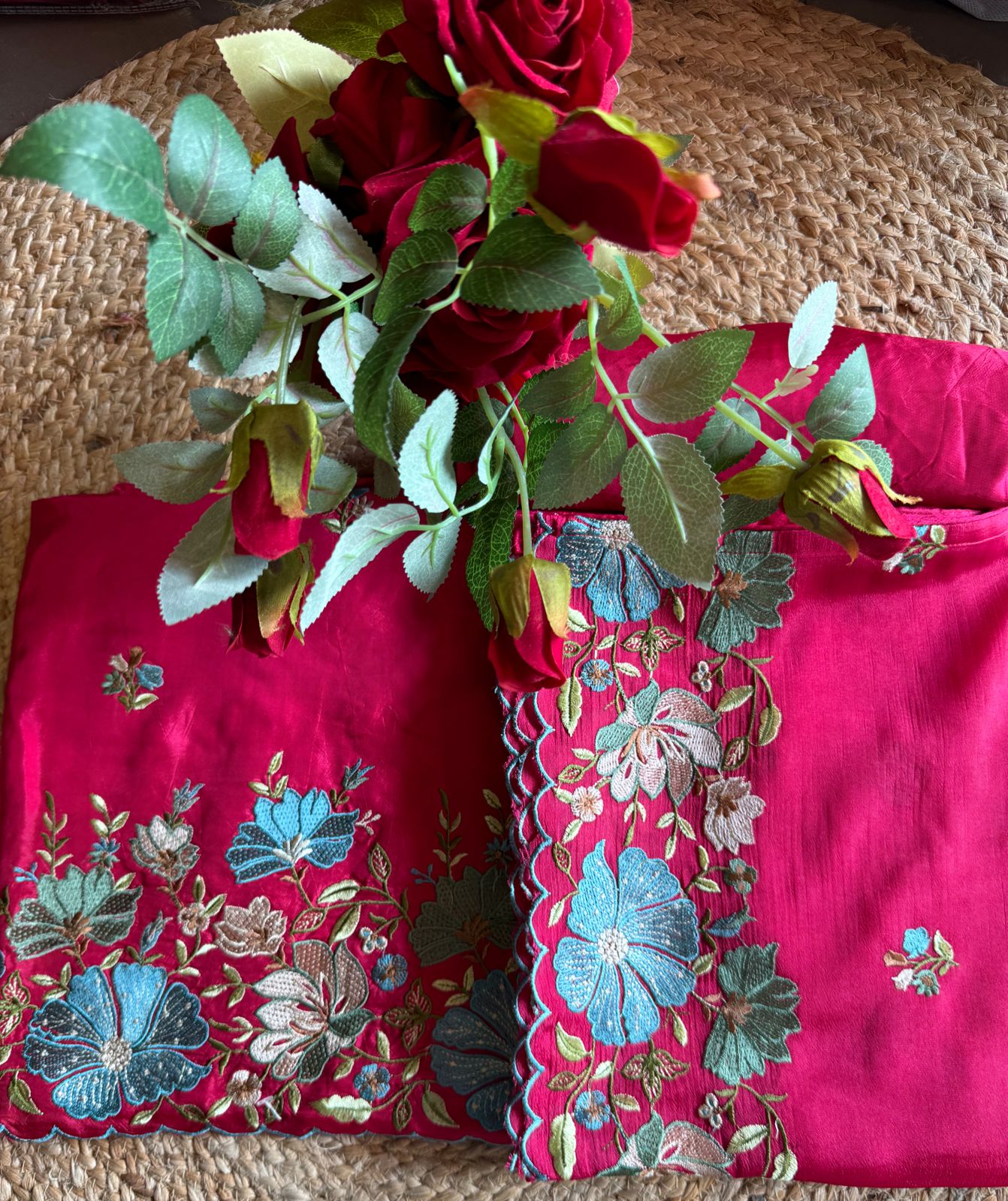 Opada silk Unstitched suit fabrics with very gorgeous floral threadwork on the ghera with soft Cutwork and scalloping