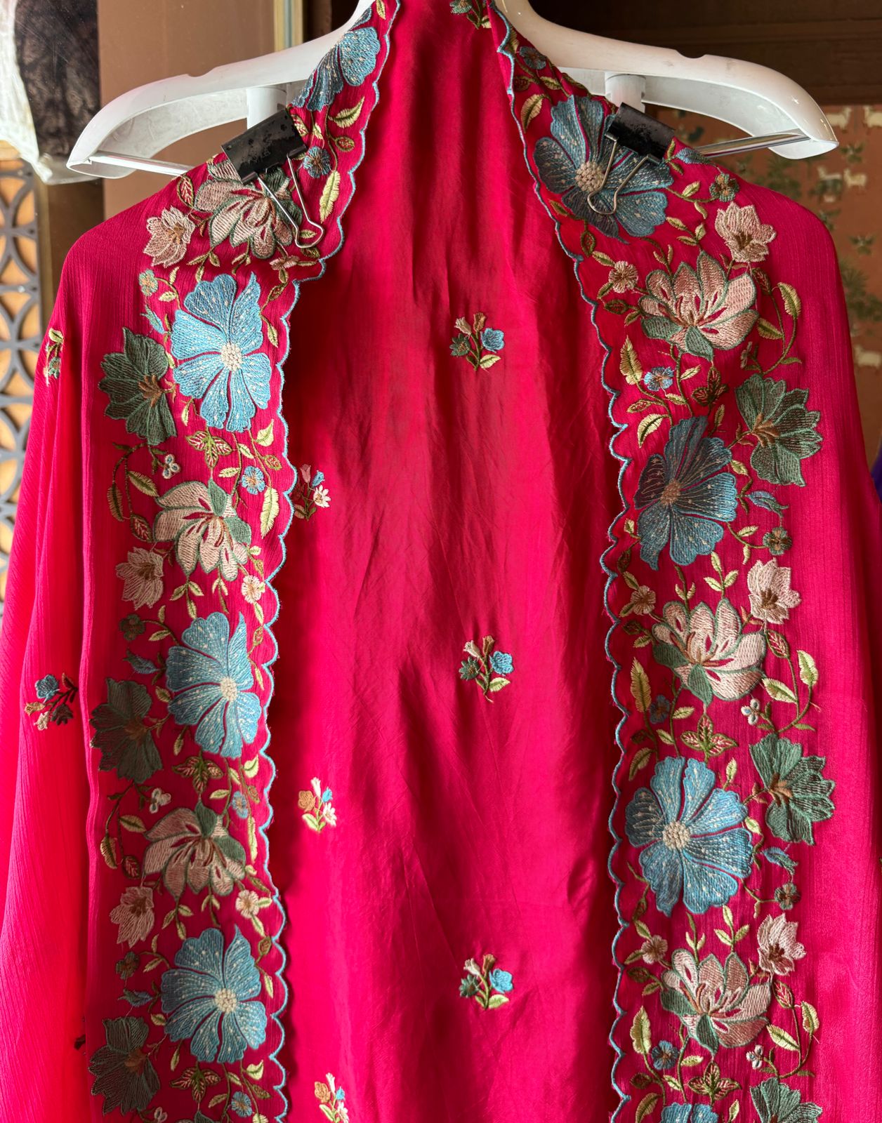 Opada silk Unstitched suit fabrics with very gorgeous floral threadwork on the ghera with soft Cutwork and scalloping
