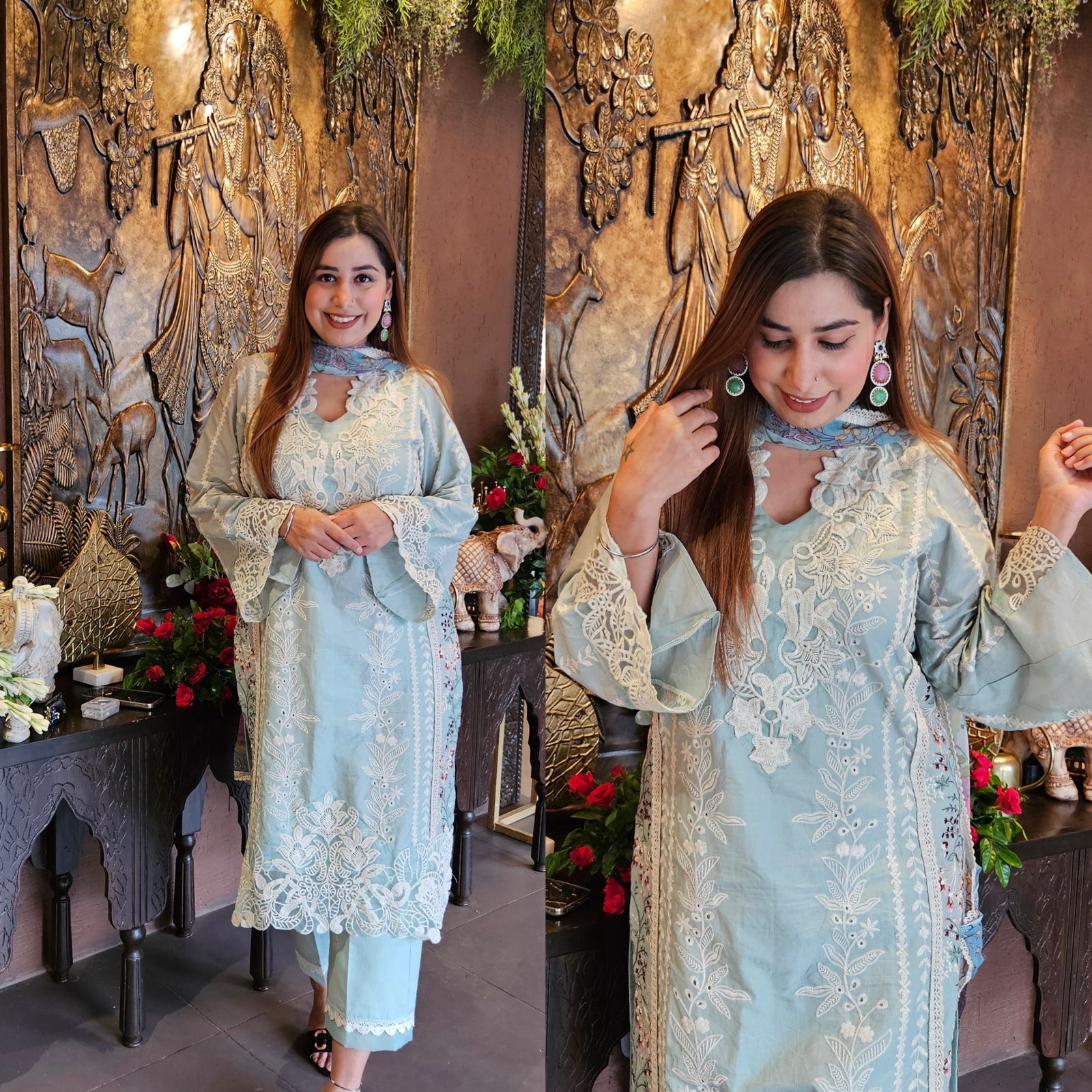 Beautiful thread embroidered Pakistani suit with Digital printed chiffon dupatta.