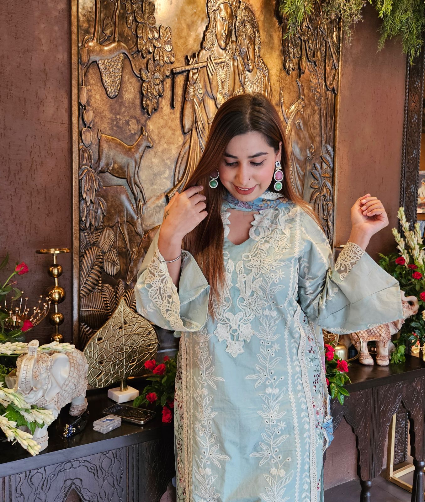 Beautiful thread embroidered Pakistani suit with Digital printed chiffon dupatta.