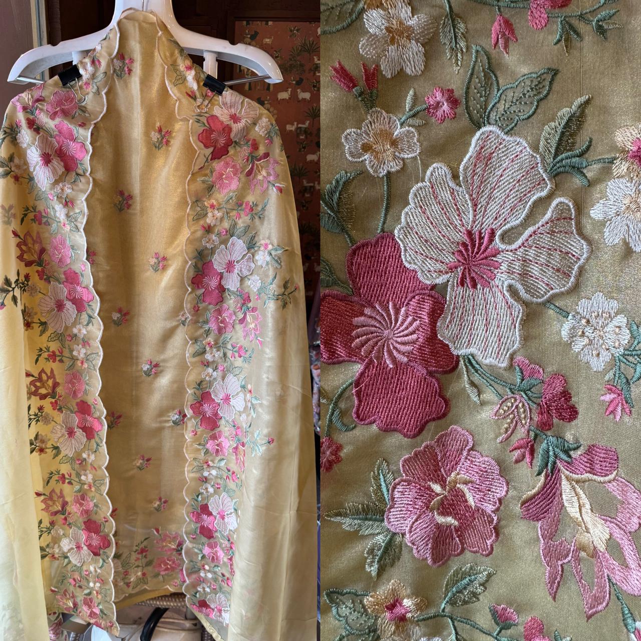 Organza Unstitched suit fabrics with very gorgeous floral threadwork on the ghera with soft Cutwork and scalloping