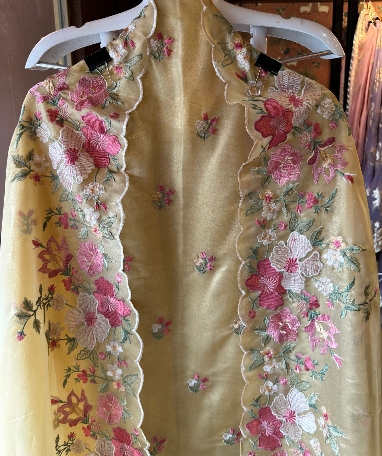 Organza Unstitched suit fabrics with very gorgeous floral threadwork on the ghera with soft Cutwork and scalloping