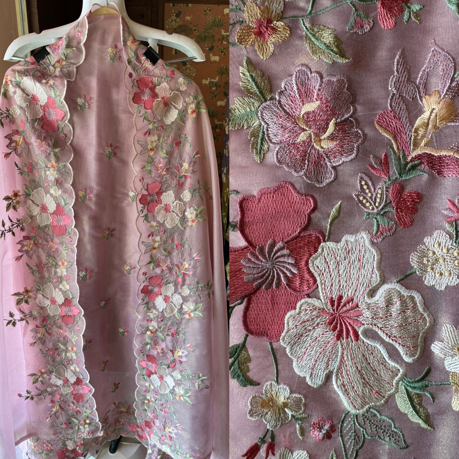 Organza Unstitched suit fabrics with very gorgeous floral threadwork on the ghera with soft Cutwork and scalloping