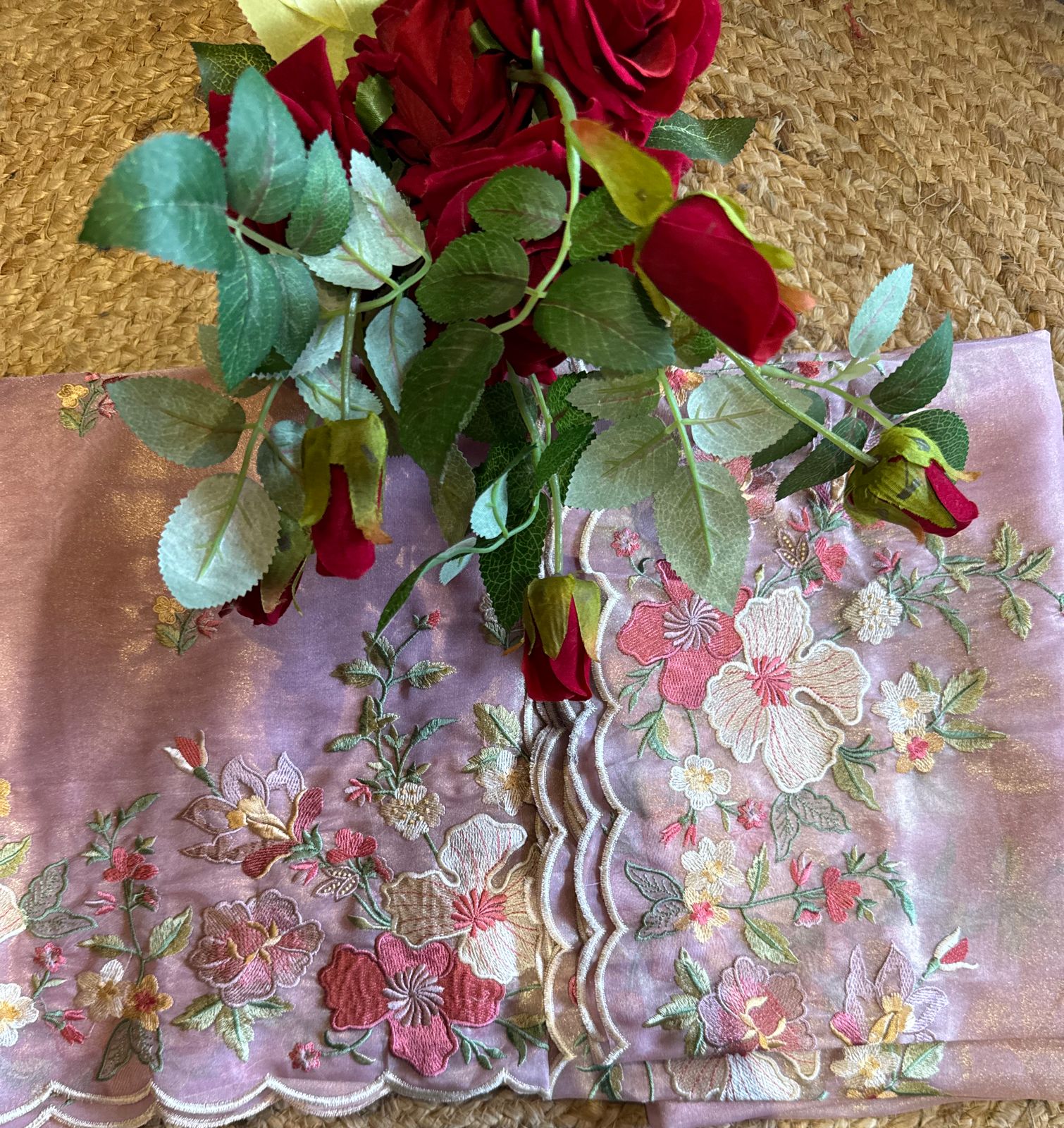 Organza Unstitched suit fabrics with very gorgeous floral threadwork on the ghera with soft Cutwork and scalloping