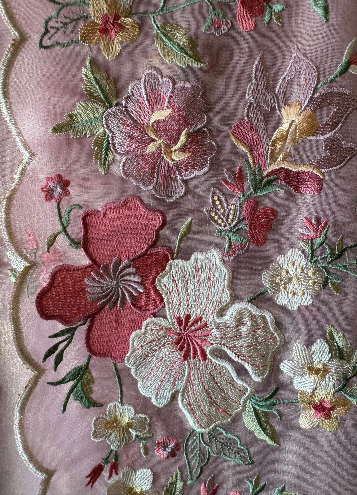 Organza Unstitched suit fabrics with very gorgeous floral threadwork on the ghera with soft Cutwork and scalloping